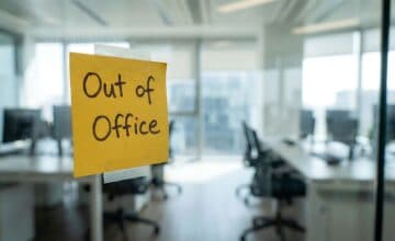 business office with out of office post it