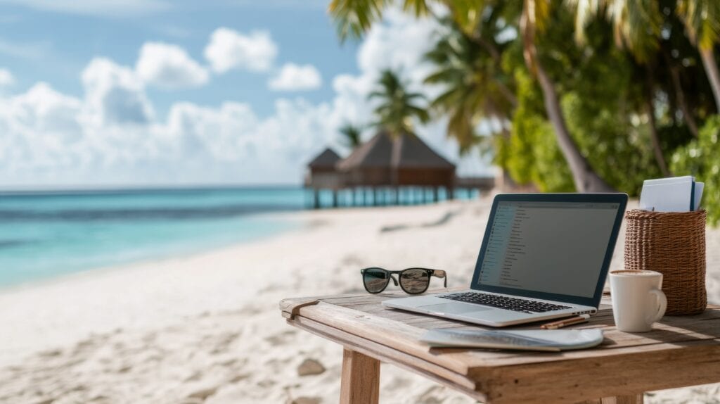 healthcare security with laptop on vacation