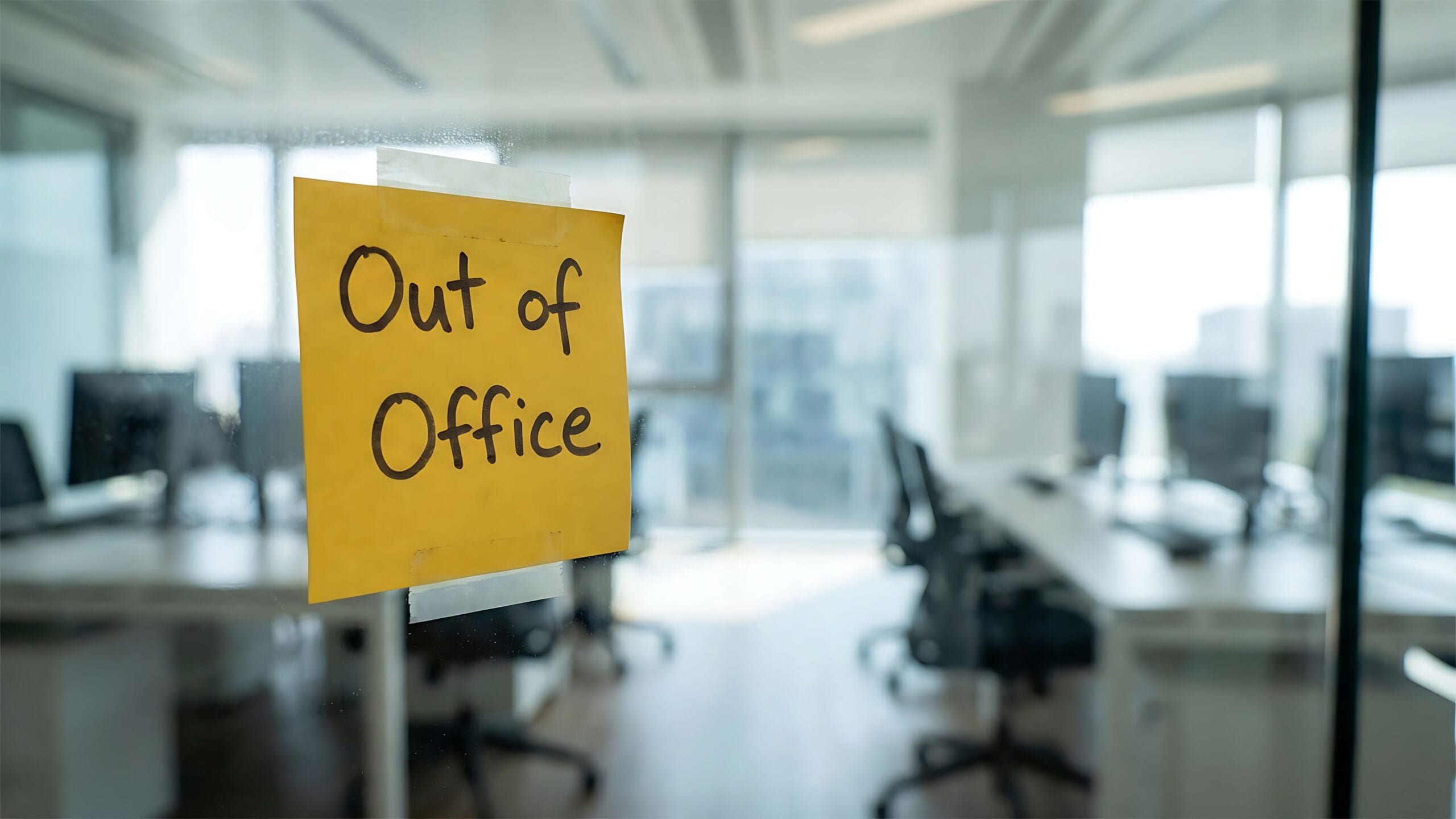 business office with out of office post it